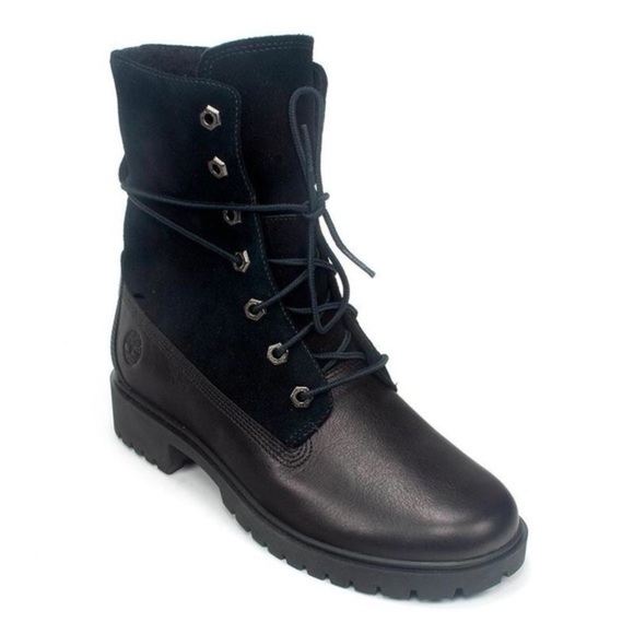 TIMBERLAND Authentics Fold Down Roll Top Black Lug Sole Chunky Combat Boot 7M - Picture 3 of 15